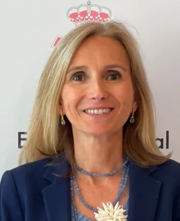 Professional woman smiling, court-related background